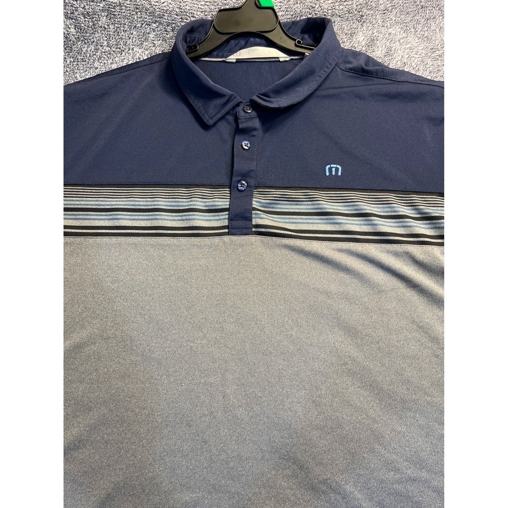TravisMathew Mens XXL Polo Shirt Navy Gray Striped Short Sleeve Golf Top